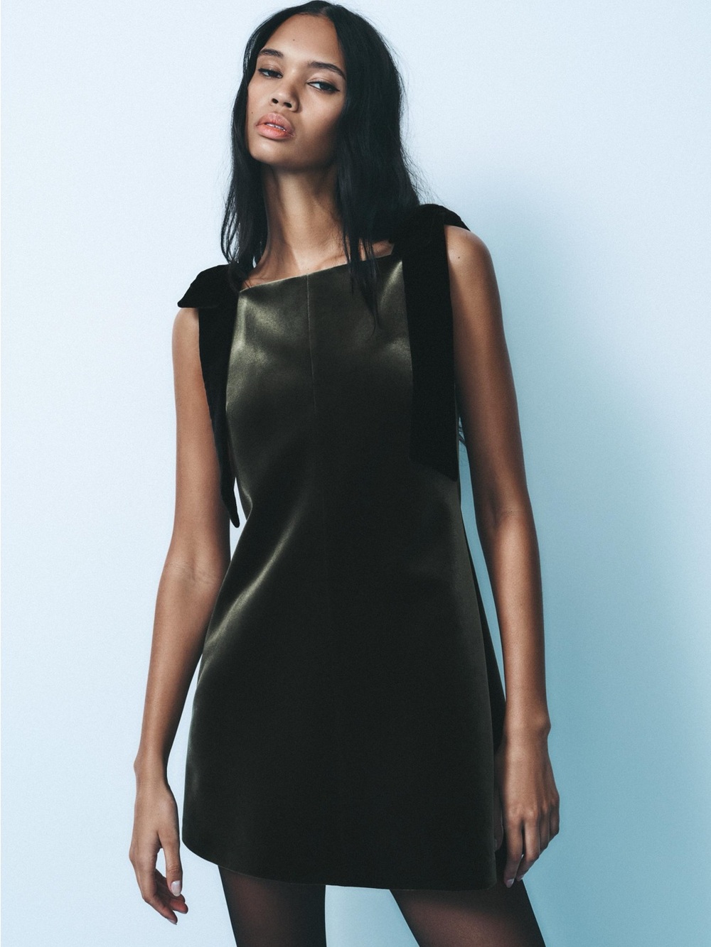 Zara Velvet Ribbon Shoulder Bows Mini Dress Straight Neckline Dark Olive Large